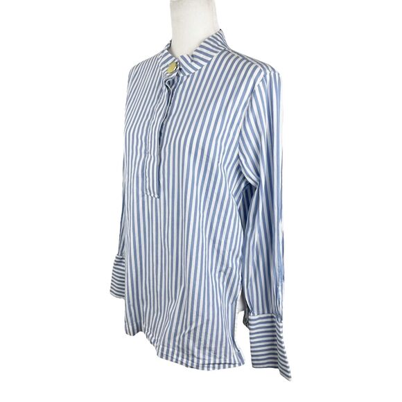 H&M Blouse Women 14 Blue White Vertical Striped Henley Long Sleeve Casual Top - Picture 2 of 14